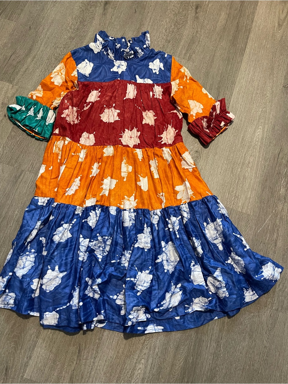 Colorblock Floral Tiered Midi Dress in Blue, Red & Orange Have Some Spots - Picture 5 of 7